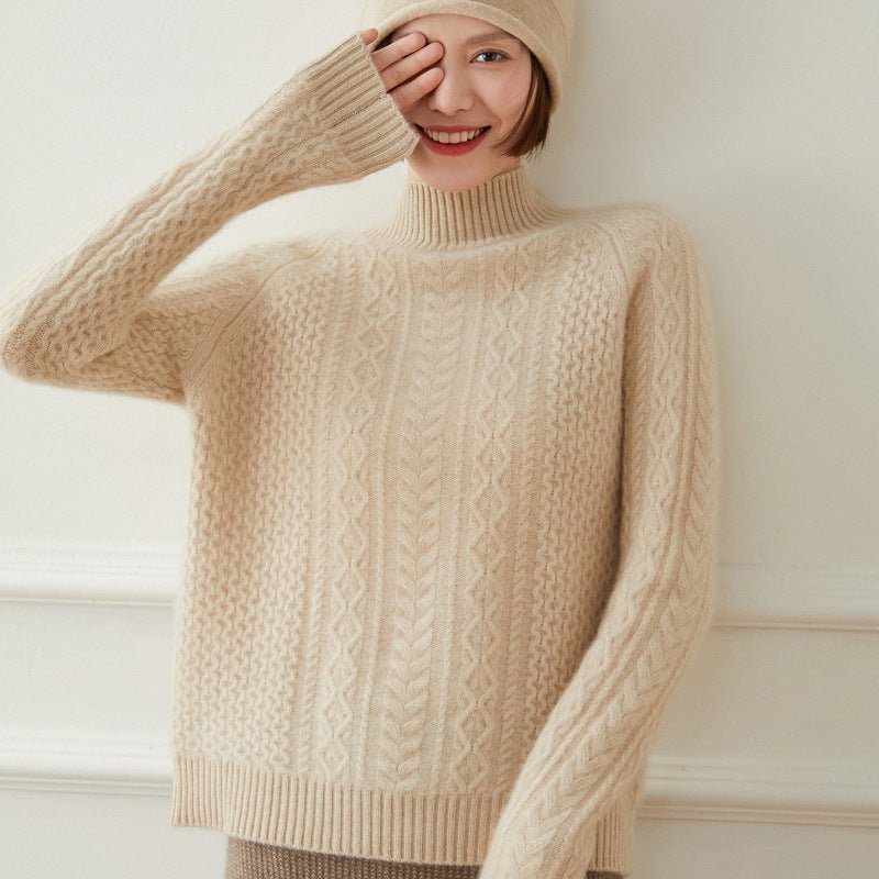 Womens Cashmere Sweater Turtleneck Cable - Knit Cashmere Blouses Tops Taupe XS