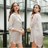 Women's 100% Long Silk Nightgown with Polka Dots Ladies Nightshirt White M