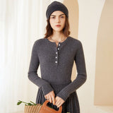 Womens Ribbed Cashmere Henley Sweater Crewneck And Button Cashmere Sweater Dark Gray XS
