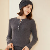 Womens Ribbed Cashmere Henley Sweater Crewneck And Button Cashmere Sweater Dark Gray XS