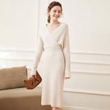 Womens Cashmere Ribbed Knit Wrap Dress Long Sleeve V Neck Midi Dresses Beige XS