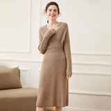 Womens Cashmere Ribbed Knit Wrap Dress Long Sleeve V Neck Midi Dresses Beige XS