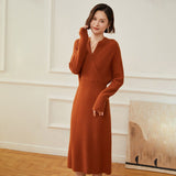 Womens Cashmere Wrap Dress Ribbed Knit Long Sleeve V Neck Midi Dresses Caramel XS