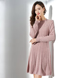 Womens Pure Cashmere Cable Knit A - Line Long Sleeve Crew Neck Dress Pink XS