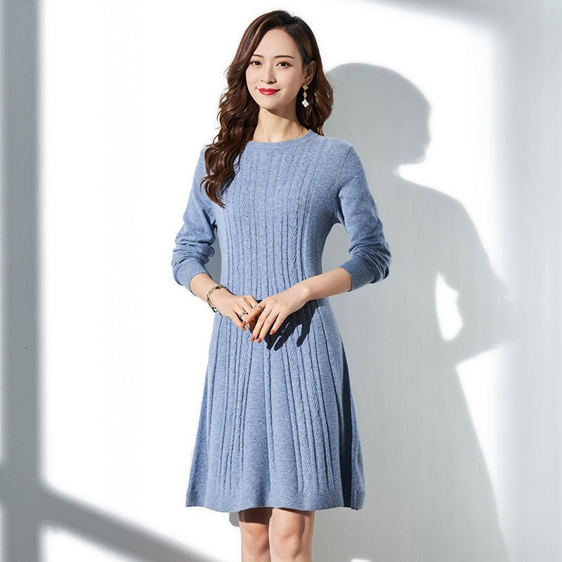 Womens Pure Cashmere Cable Knit A - Line Long Sleeve Crew Neck Dress Blue XS