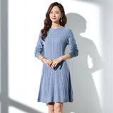 Womens Pure Cashmere Cable Knit A - Line Long Sleeve Crew Neck Dress Blue XS