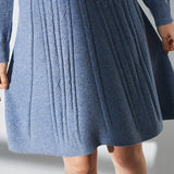 Womens Pure Cashmere Cable Knit A - Line Long Sleeve Crew Neck Dress Blue XS