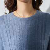 Womens Pure Cashmere Cable Knit A - Line Long Sleeve Crew Neck Dress Blue XS