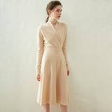 Womens Cashmere Wrap Dress Long Sleeve Elegant A - Line Midi Dress Beige XS