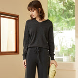 Womens Solid Cashmere Hoodies V Neck Long Sleeve Cashmere Hood Sweater Gray XS