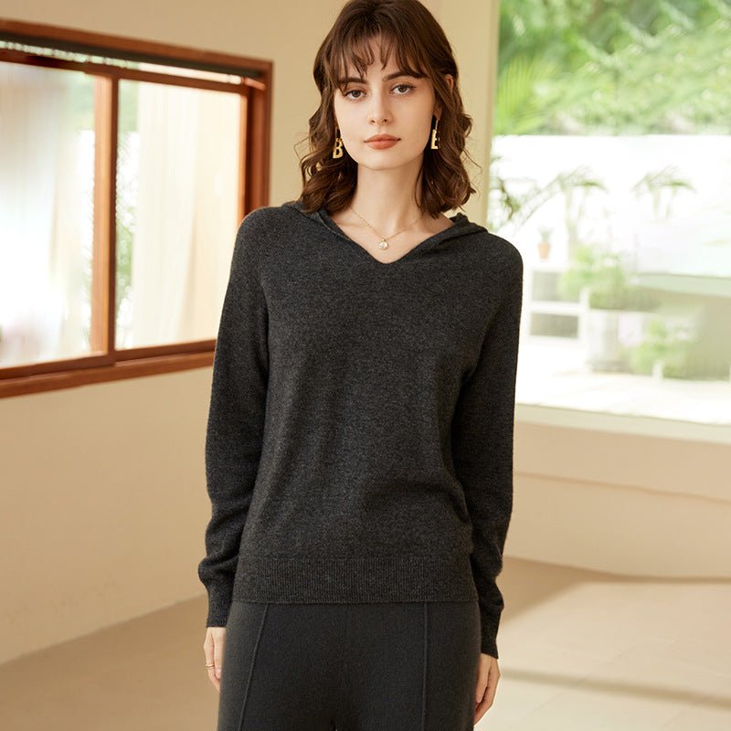 Womens Solid Cashmere Hoodies V Neck Long Sleeve Cashmere Hood Sweater Gray XS