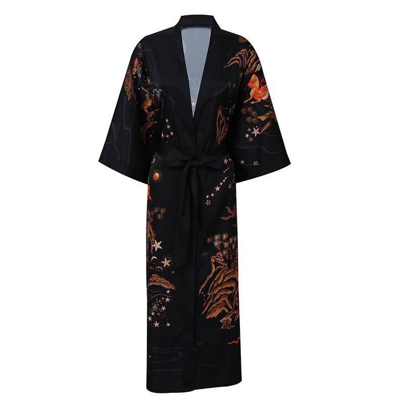 Women's Deer Prints Silk Kimono Robes Stars Silk Bathrobe Black One size fits most