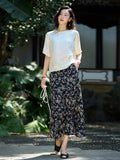 Womens Black Silk Maxi Skirt Floral Print Long Silk Dress Black XS