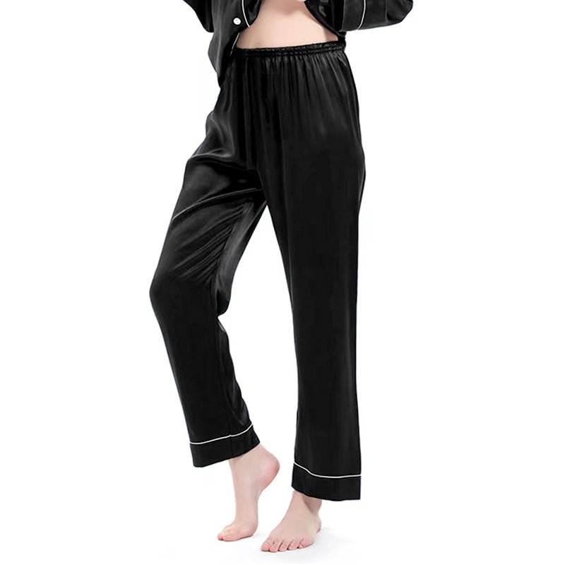 Women's Black Silk Pajama Pants with White Piping Black L
