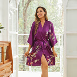 Women's Blossom Printing Short Pure Silk Kimono Robes Purple One size fits most