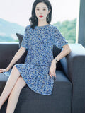 Womens Blue Floral Print Silk Mini Dress Ruffle Hem Short Silk Dress Blue XS