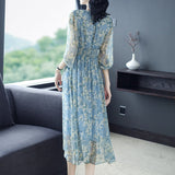 Womens Blue Floral Silk Midi Dress Button Front Long Silk Dress Blue XS