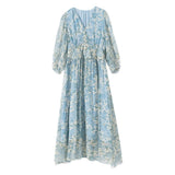 Womens Blue Floral Silk Midi Dress Button Front Long Silk Dress Blue XS