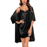Womens Silk Nightgown And Robe Set Two Pieces Silk Sleepwear Black XS