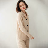 Womens Ribbed Knit Cashmere Cardigan Lapel Button - up Cashmere Coat Beige XS