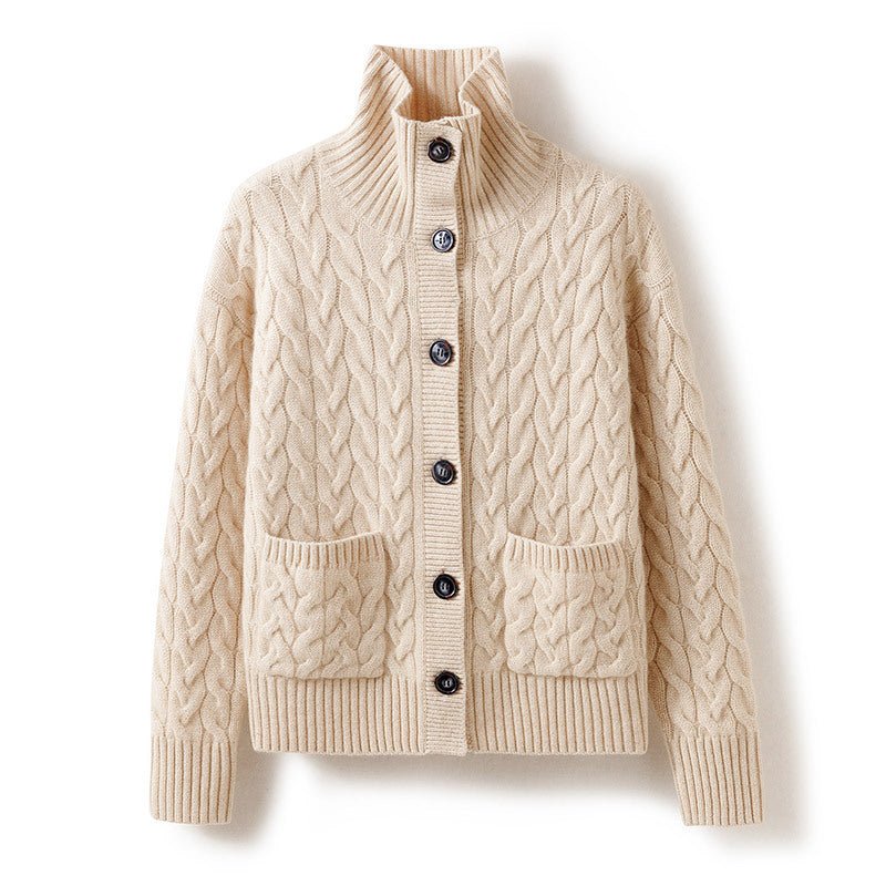 Womens Cable Knit Button Up Mock Neck Pure Cashmere Cardigan Pockets Beige XS