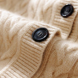 Womens Cable Knit Button Up Mock Neck Pure Cashmere Cardigan Pockets Beige XS