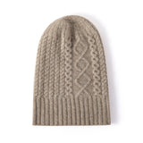 Womens Cable Knit Pure Cashmere Beanie Hat with Ribbed Trim Taupe M