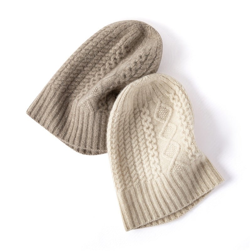 Womens Cable Knit Pure Cashmere Beanie Hat with Ribbed Trim Beige M