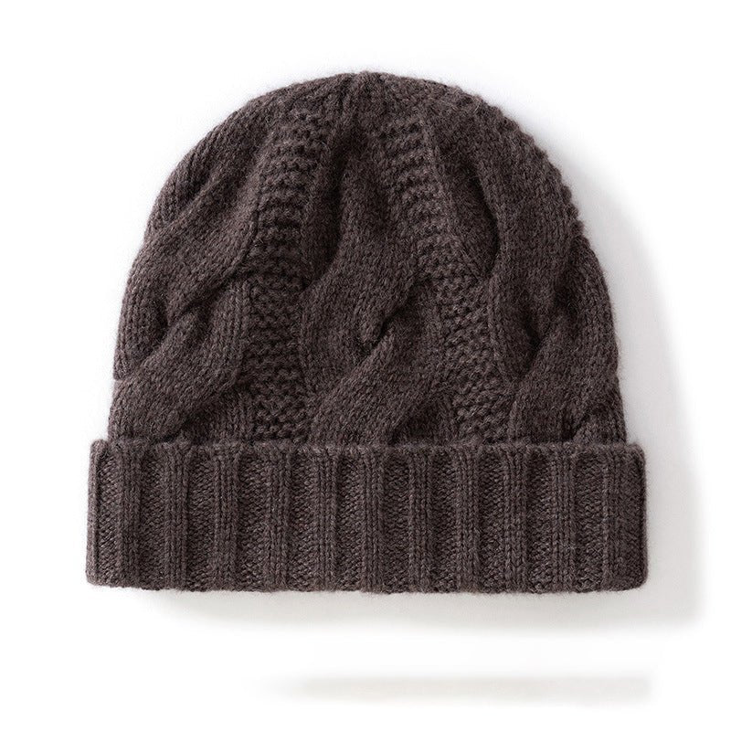 Womens Cashmere Beanie Cable Knit Cashmere Hat Ribbing Hem Coffee M