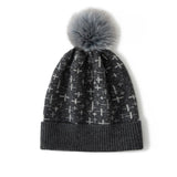 Womens Cashmere Beanie with Fur Pom Patterned Cashmere Hat Ribbed Hem Dark Grey M