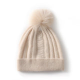 Womens Cashmere Beanie with Real Fur Pom Cashmere Hat Removable Pom Beige M