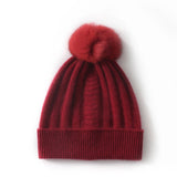 Womens Cashmere Beanie with Real Fur Pom Cashmere Hat Removable Pom Claret M