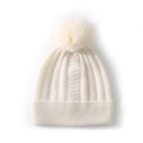 Womens Cashmere Beanie with Real Fur Pom Cashmere Hat Removable Pom Ivory M