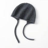 Womens Cashmere Bonnet Hat with Ties Winter Earflap Cashmere Knit Beanie Grey M