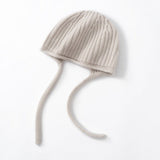 Womens Cashmere Bonnet Hat with Ties Winter Earflap Cashmere Knit Beanie Beige M