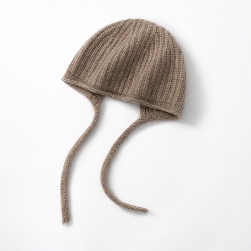 Womens Cashmere Bonnet Hat with Ties Winter Earflap Cashmere Knit Beanie Taupe M