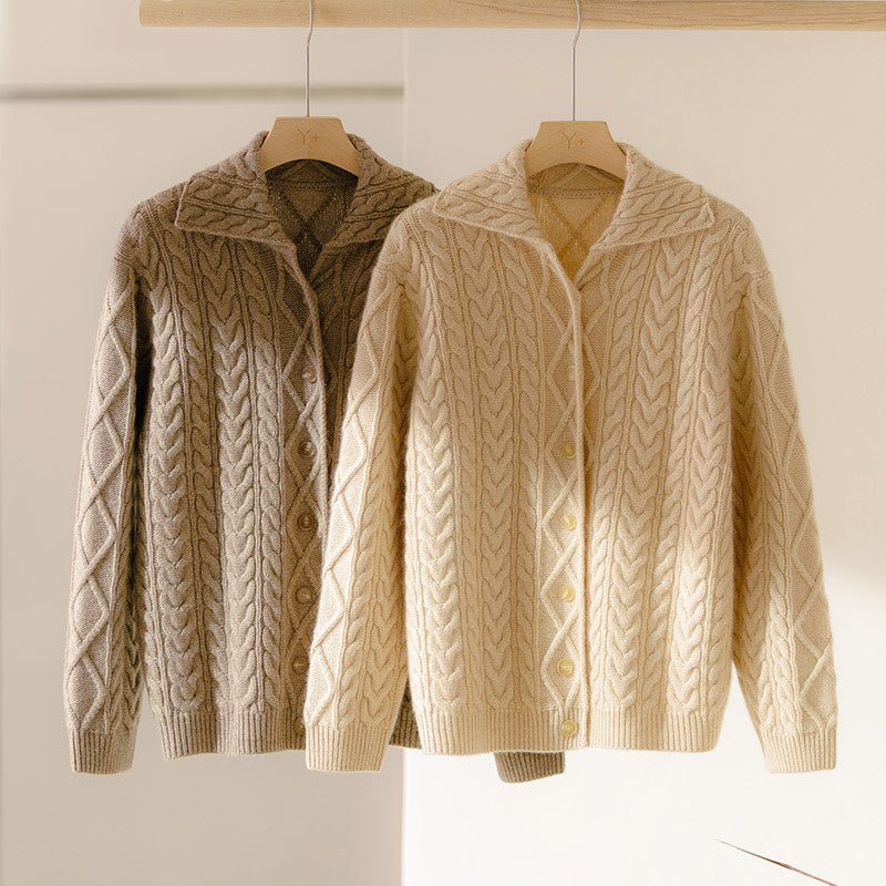 Womens Classic Cable - Knit Cashmere Cardigan Lapel Cashmere Coat Beige XS