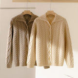 Womens Classic Cable - Knit Cashmere Cardigan Lapel Cashmere Coat Beige XS