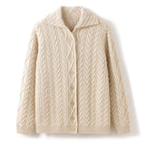 Womens Classic Cable - Knit Cashmere Cardigan Lapel Cashmere Coat Beige XS
