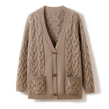Womens Chunky Cable Knit Cashmere Cardigan Patch Pockets Cashmere Coat Taupe One size fits most