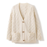 Womens Chunky Cable Knit Cashmere Cardigan Patch Pockets Cashmere Coat Beige One size fits most