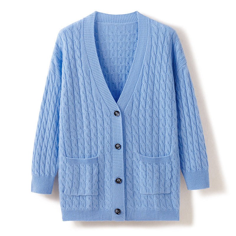 Womens Cable Knit V - Neck Cashmere Cardigan With Pockets Cashmere Coat Blue One size fits most