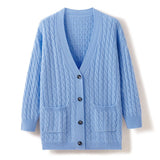 Womens Cable Knit V - Neck Cashmere Cardigan With Pockets Cashmere Coat Blue One size fits most