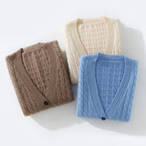 Womens Cable Knit V - Neck Cashmere Cardigan With Pockets Cashmere Coat Taupe One size fits most