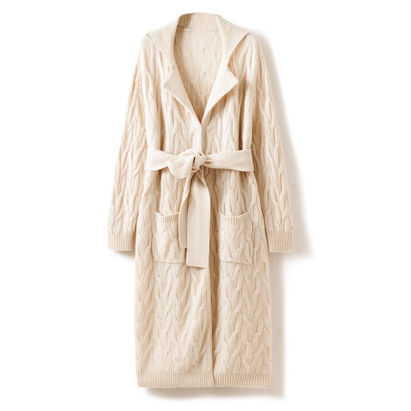Womens Long Cable Knit Belted Pure Cashmere Cardigan Open - front Coat Beige One size fits most