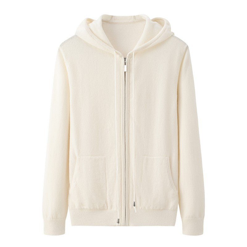 Womens Zip - Up Cashmere Hoodie With Kangaroo Pockets Cashmere Cardigans Ivory XS