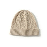 Womens Pure Cashmere Cable Knit Beanie Chunky Hat Ribbed Cuff Beige M