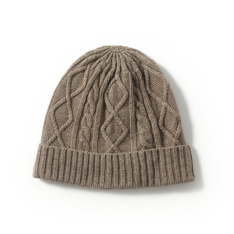 Womens Pure Cashmere Cable Knit Beanie Chunky Hat Ribbed Cuff Taupe M