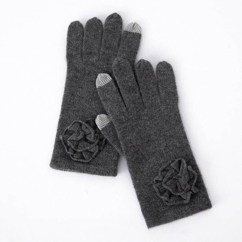 Flower Cashmere Gloves Touchscreen Fingers Pure Knitted Mittens Gray M