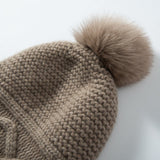 Womens Cashmere Hat with Pom Earflap Cashmere Beanie with Braided Ties Taupe M